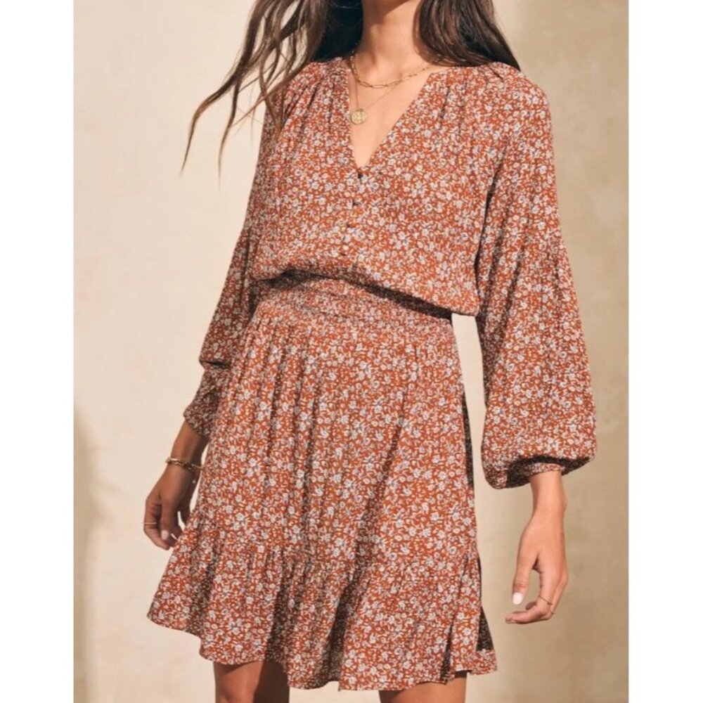 Faherty Montana Mini‎ Dress Smocked Waist Balloon Sleeve In Ennis Floral Medium
